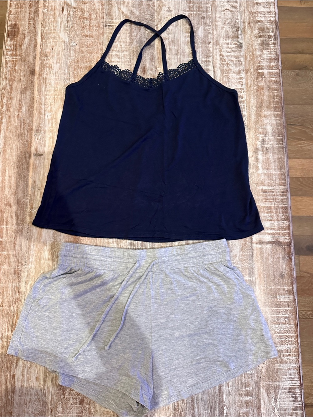 Beyond Yoga Navy Lace-Trim Cami & Light Gray Drawstring Sleep Shorts Set